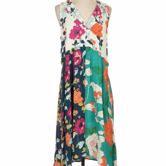 Anthropologie Floral Asymmetrical Dress in Teal and Pink